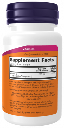 NOW Vitamin E, Натуральный Витамин Е, 50 капсул